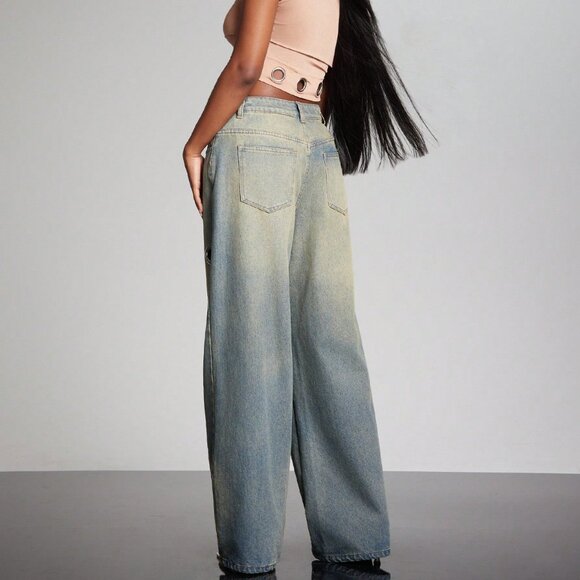 Medium Wash Punk Women's Wide Leg Baggy Jeans - Picture 2 of 7